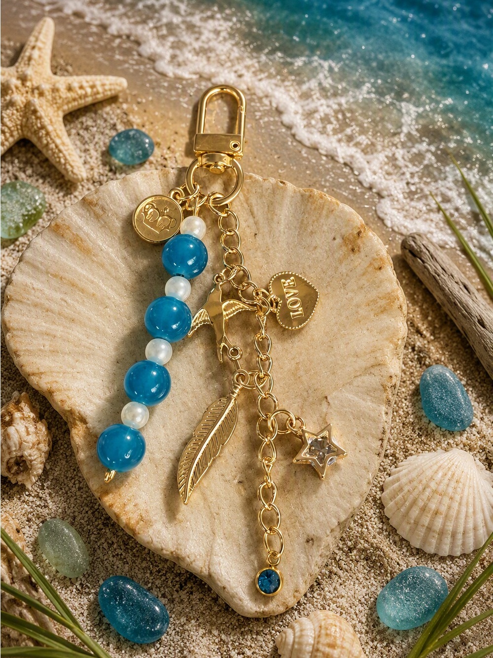 Gold Charm Keychain with Blue Beads and Feather Accent